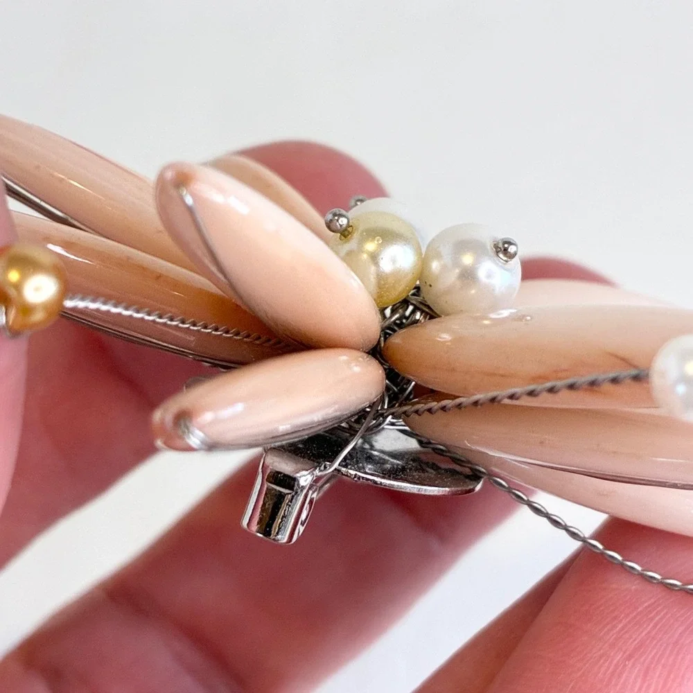 Vintage Flower Brooch Peach Carved Shell Faux Pearl Petal Statement Pin